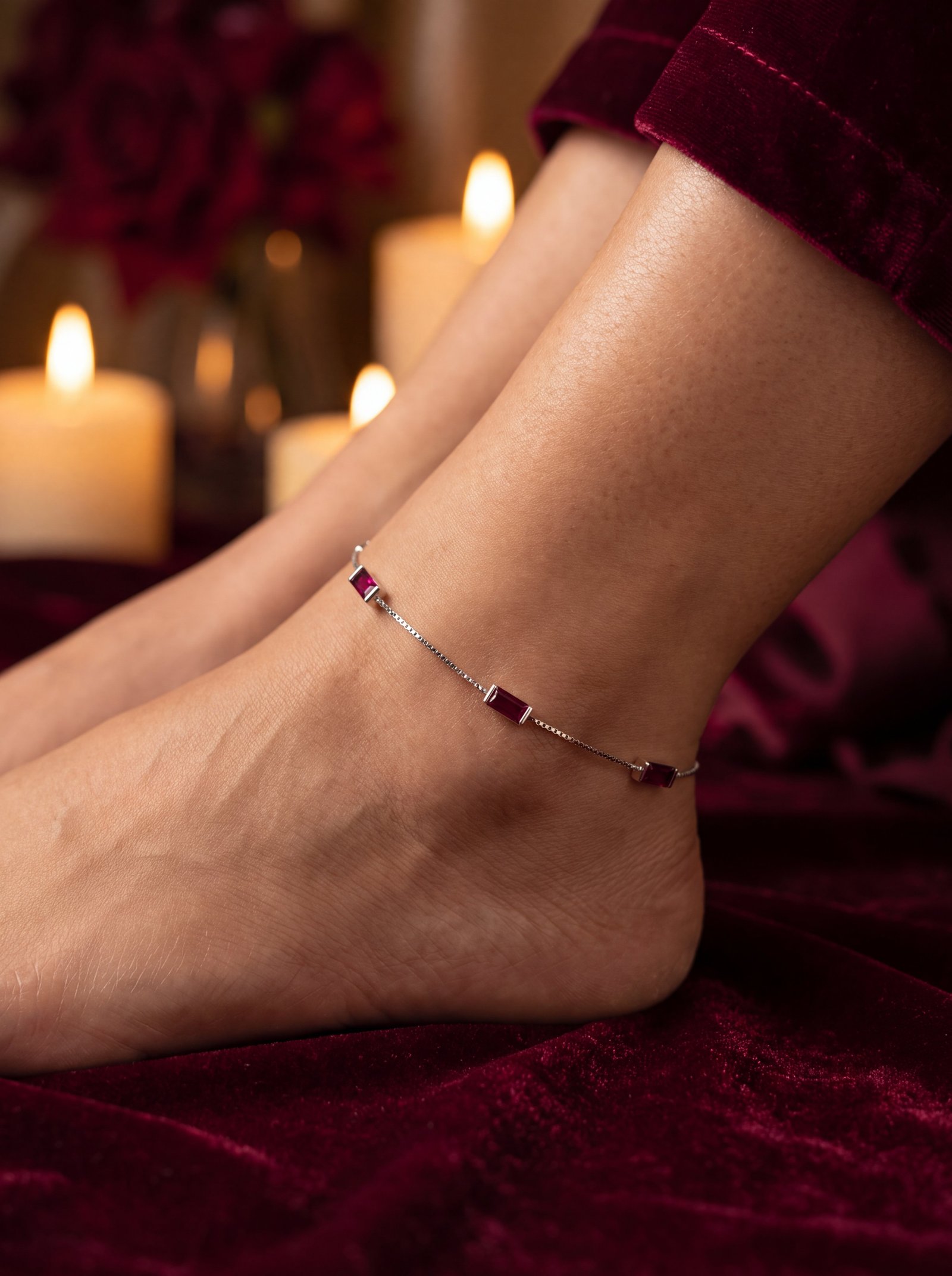 SUFI PINK STONE SILVER ANKLETS